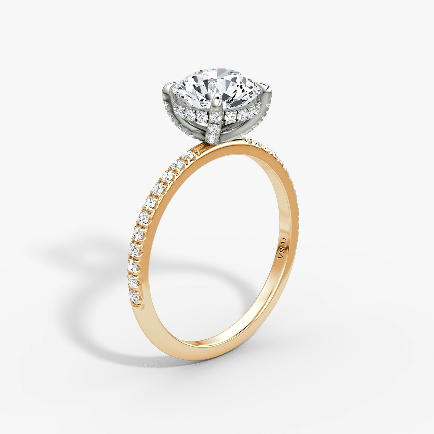 Classic Hidden Halo Round Brilliant Engagement Ring | 14k Rose Gold and Platinum