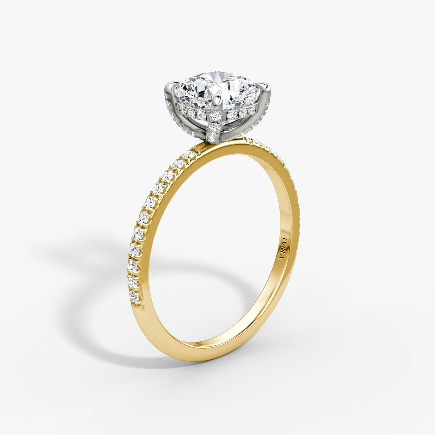 Classic Hidden Halo Cushion Engagement Ring | 18k Yellow Gold and Platinum