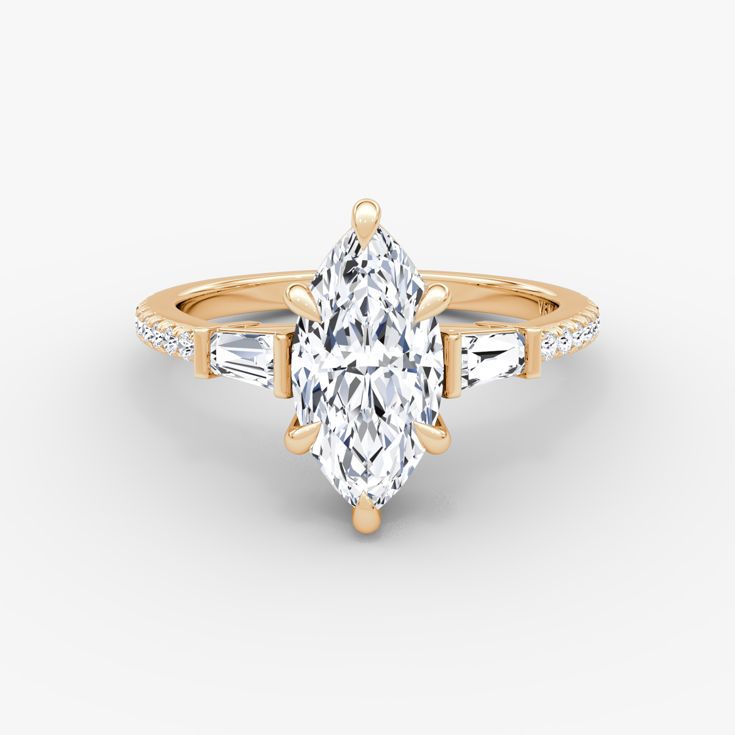 Tapered Baguette Three Stone Marquise Engagement Ring | 14k Rose Gold