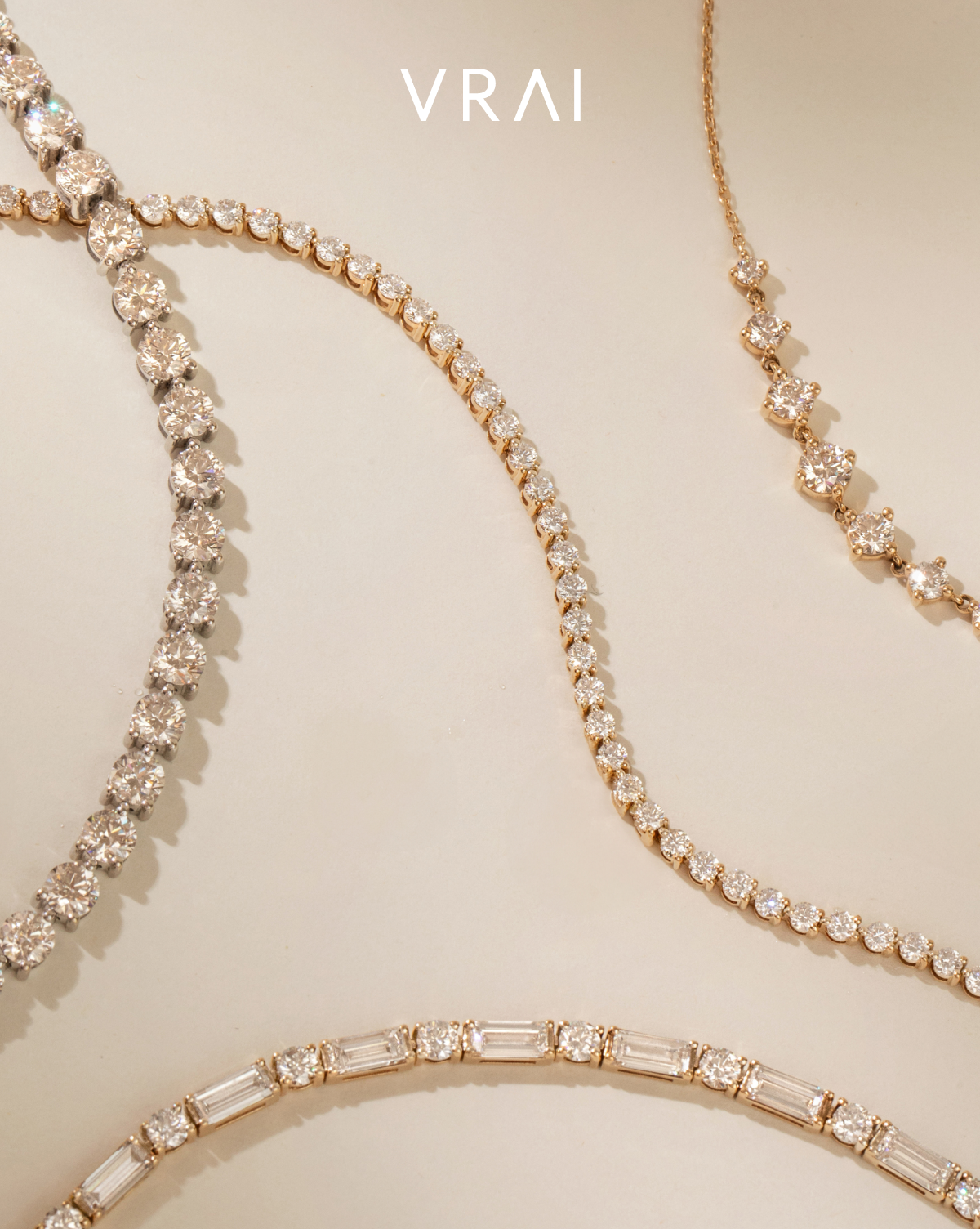 Bracelets featuring VRAI created diamonds are made to stack high and effortlessly shine.