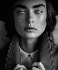 Woman with freckles and a serious facial expression
