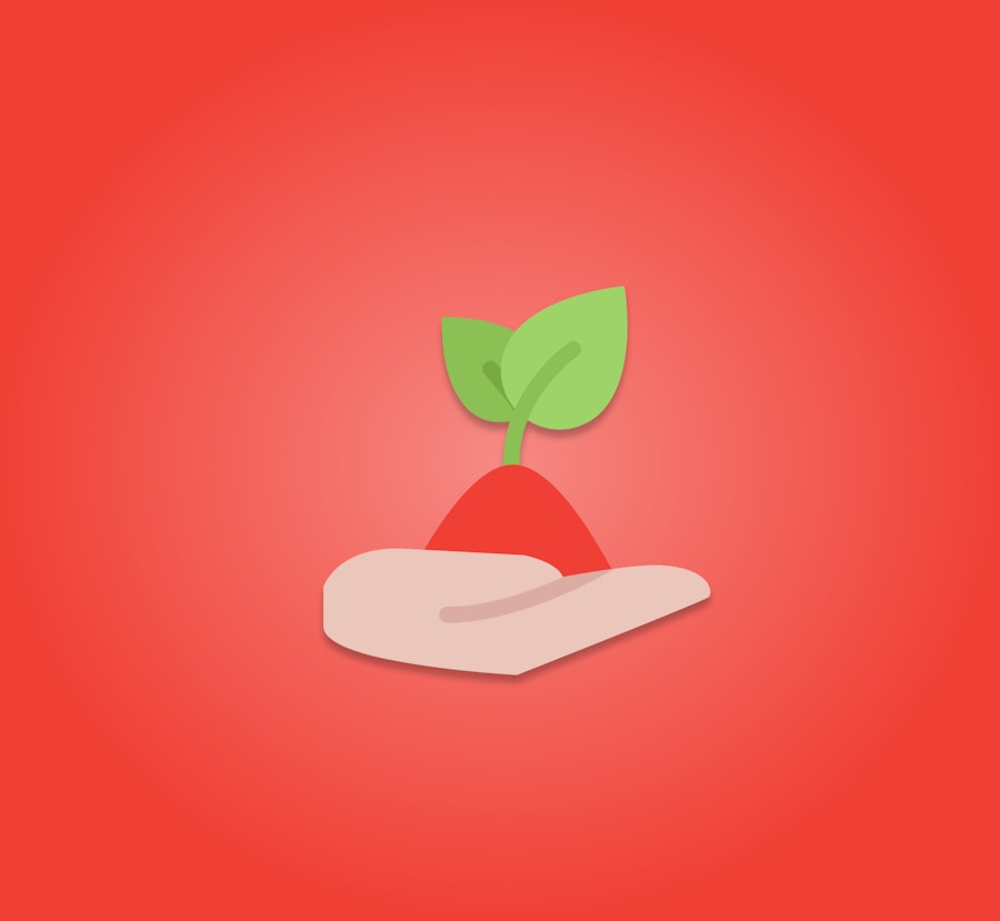 Hand holding seedling icon on a red background
