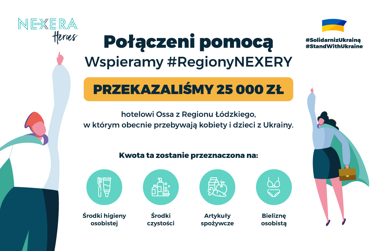 grafika z super bohaterami informująca o przekazanej darowiźnie na rzecz uchodźców z Ukrainy
