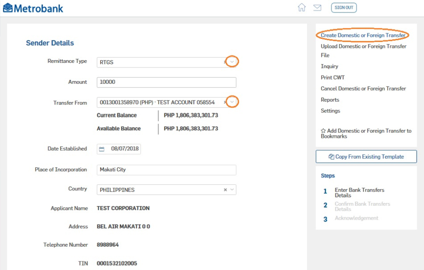 Sending money via Domestic or Foreign Transfer via Metrobank Business