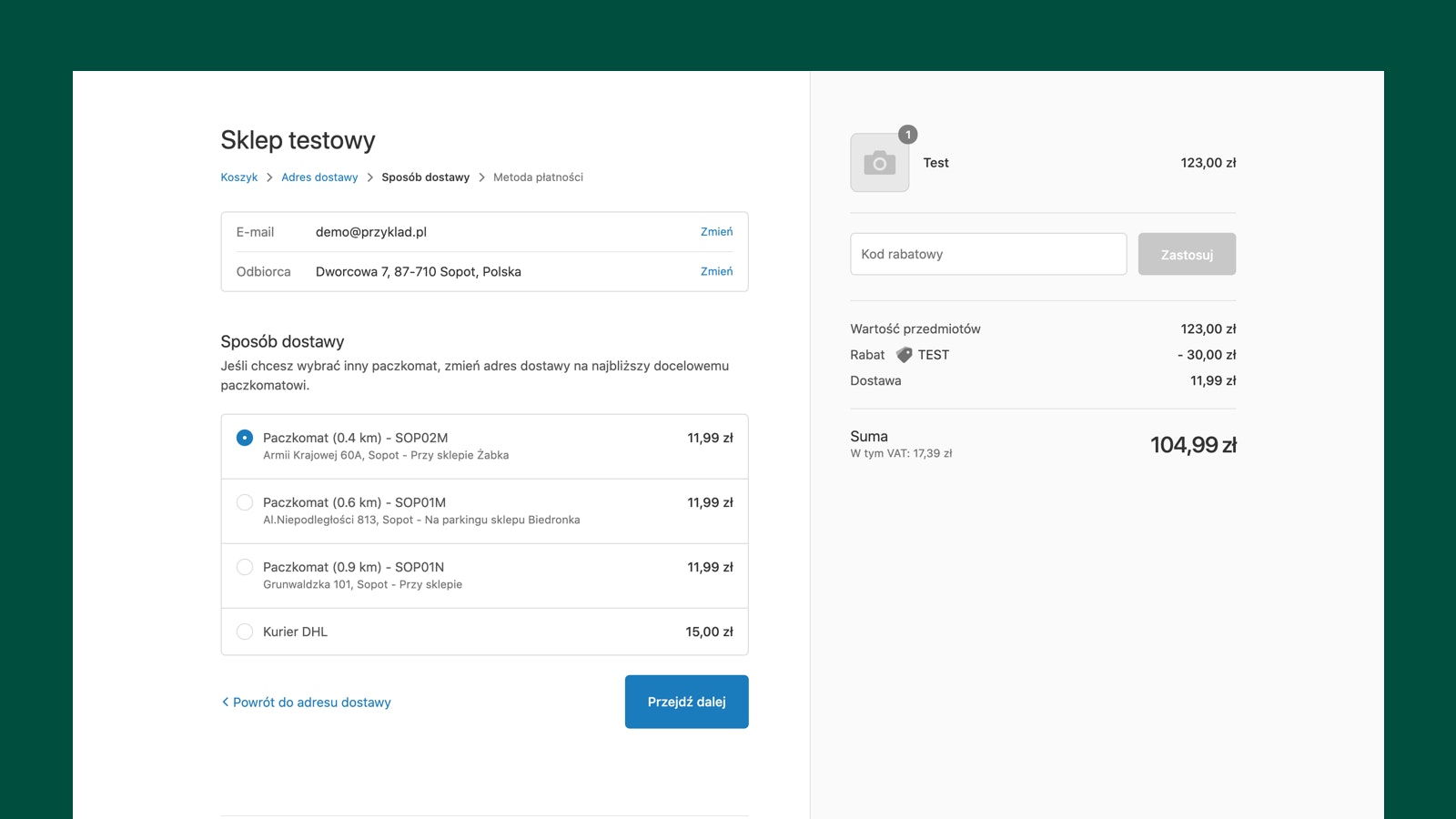 Ekran wyboru metody dostawy z paczkomatami w Shopify