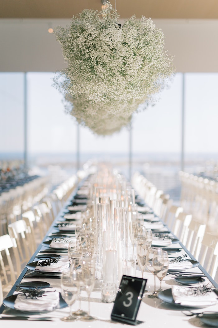 Babys breath in a modern hanging floral arrangment.