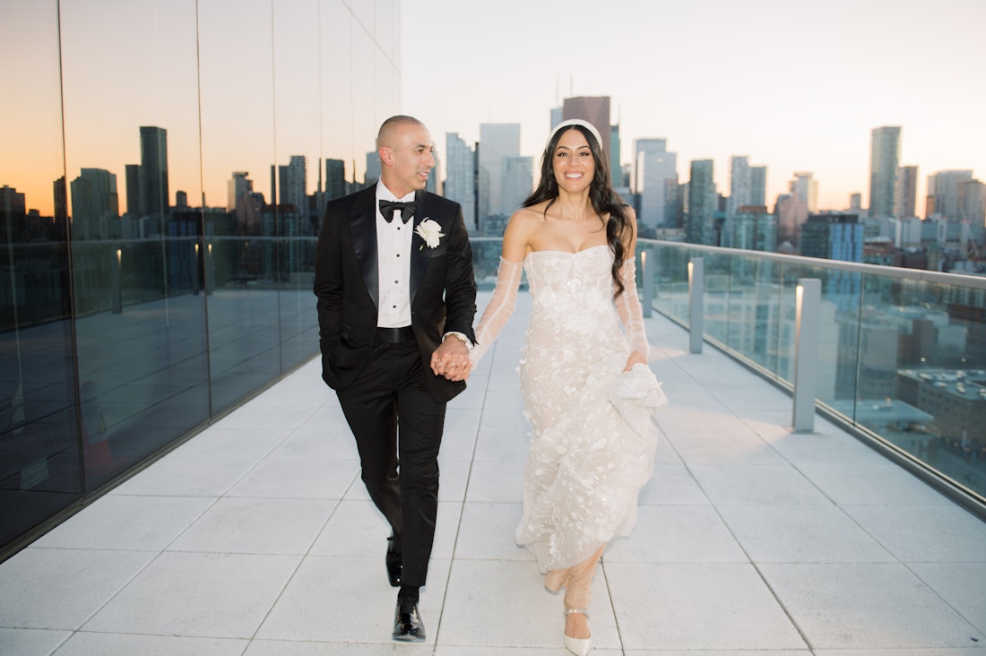 Cinematic bride and groom portrait downtown Toronto