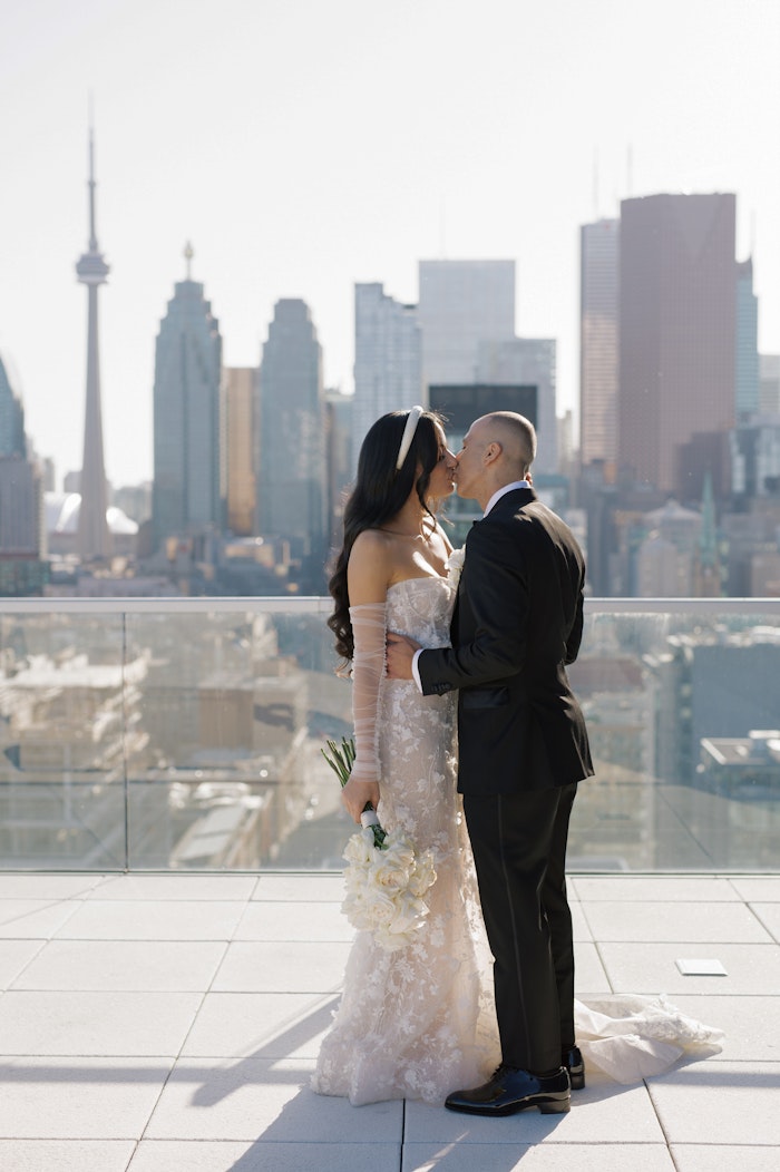 Cinematic bride and groom portrait downtown Toronto