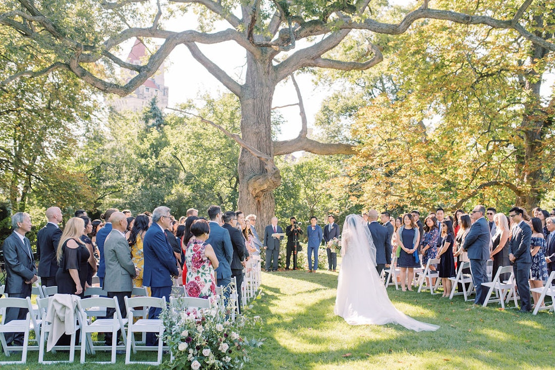 Groom reacting as bride walks down aisle at Spadina House wedding ceremony Toronto