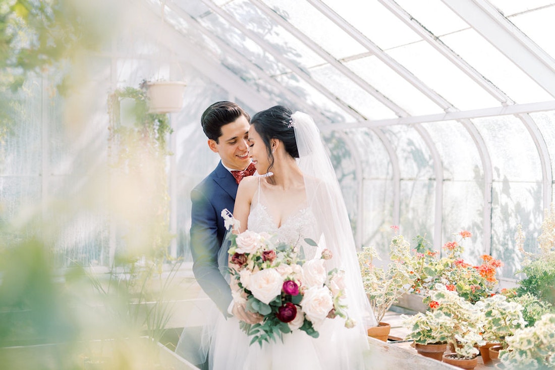 omantic bridal bouquet with soft blush and blue tones at Spadina House Toronto wedding