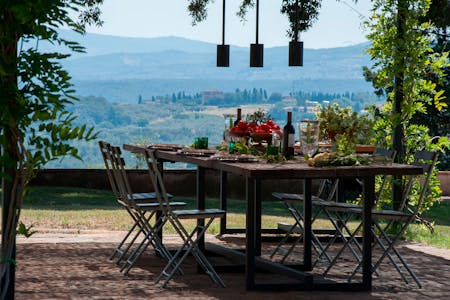 The table under the veranda with the view on the Chianti hills.