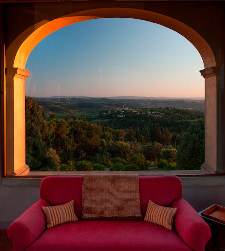 The view on the Chianti Hills from the living room situated in the tower of Villa Tavernaccia