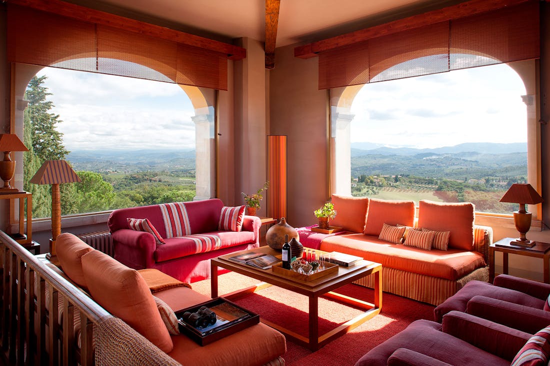 The 360-degree view from the tower The living room in the tower of Villa Tavernaccia offers a 360-degree view of Florence and the Chianti Hills.