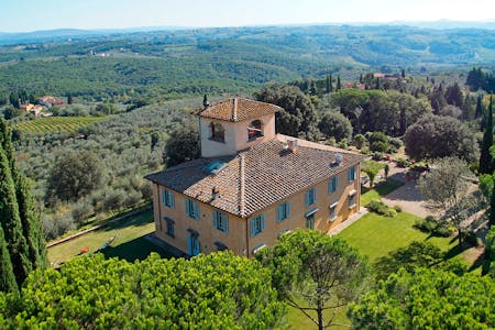An aerial view of the Villa La Tavernaccia and its gardens.