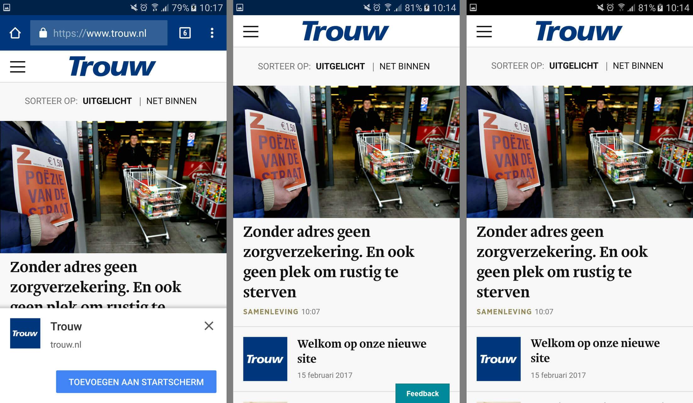 Aan de linkerkant is de website met PWA install banner te zien, in het midden de fullscreen PWA en aan de rechterkant de hybride Android app