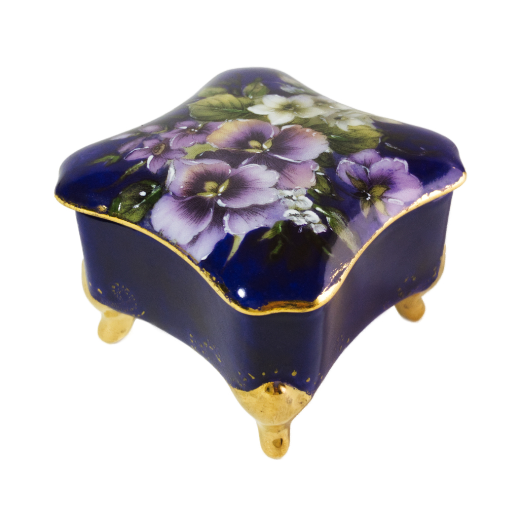 Porta-joias roxo e dourado fechado