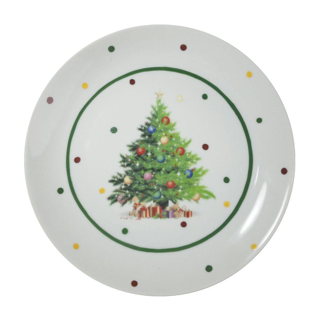 Prato de sobremesa em porcelana com desenho de árvore de natal