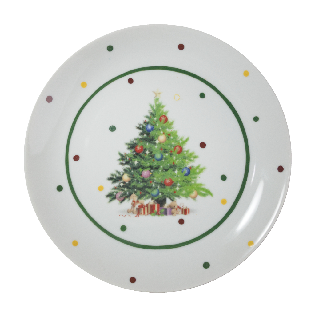 Prato de sobremesa em porcelana com desenho de árvore de natal