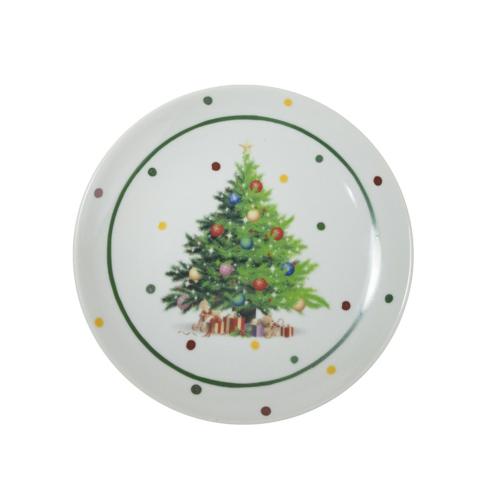 Prato de sobremesa em porcelana com desenho de árvore de natal