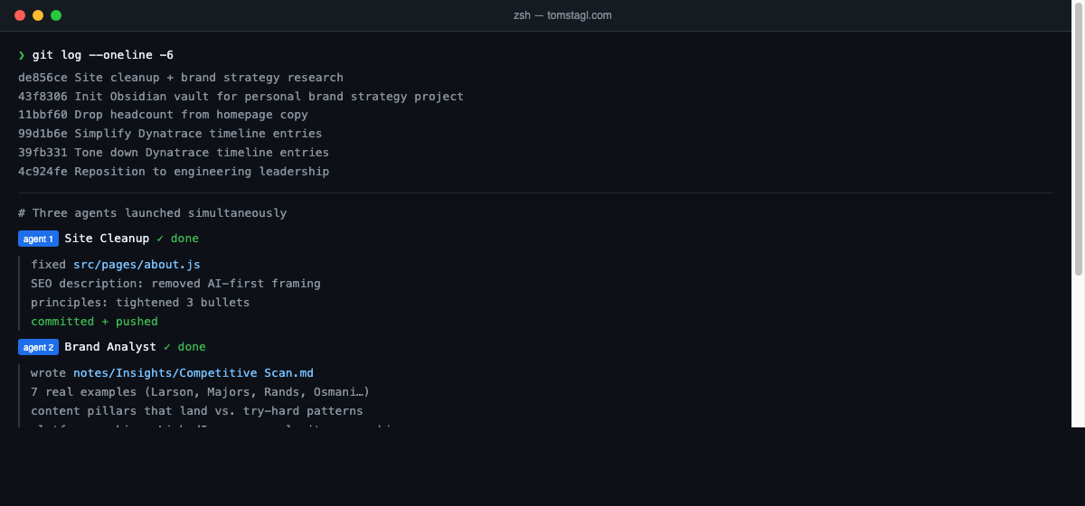 Terminal output showing three agents running in parallel with their results