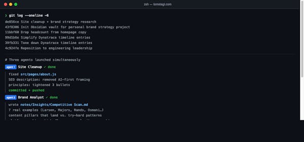 Terminal output showing three agents running in parallel with their results
