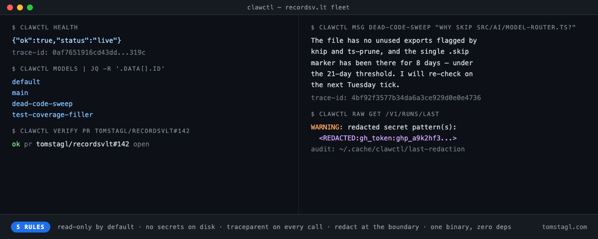 clawctl: a kubectl-shaped wrapper for an agent gateway Two-pane terminal mock showing clawctl health, models, verify, msg, and a redaction warning, with a 5 RULES footer