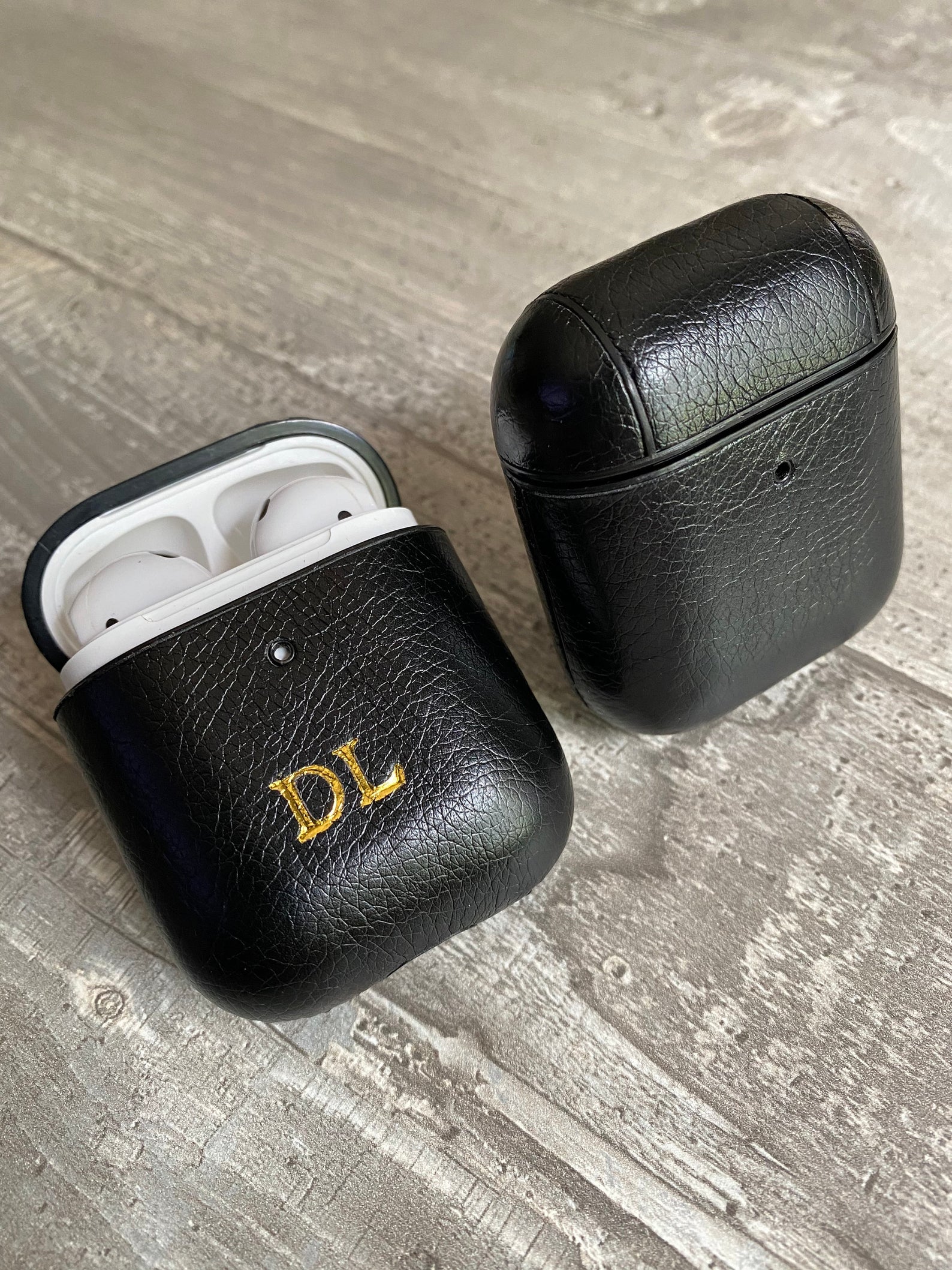 Personalised black leather AirPods case
