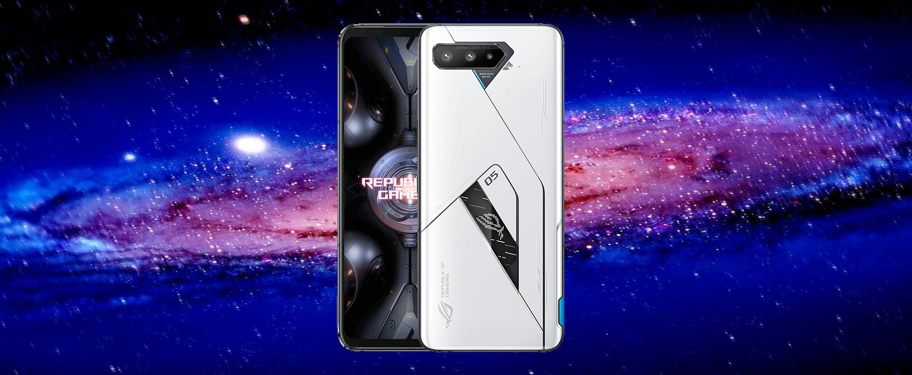 An image of the new ASUS ROG 5 gaming phone on a galaxy background