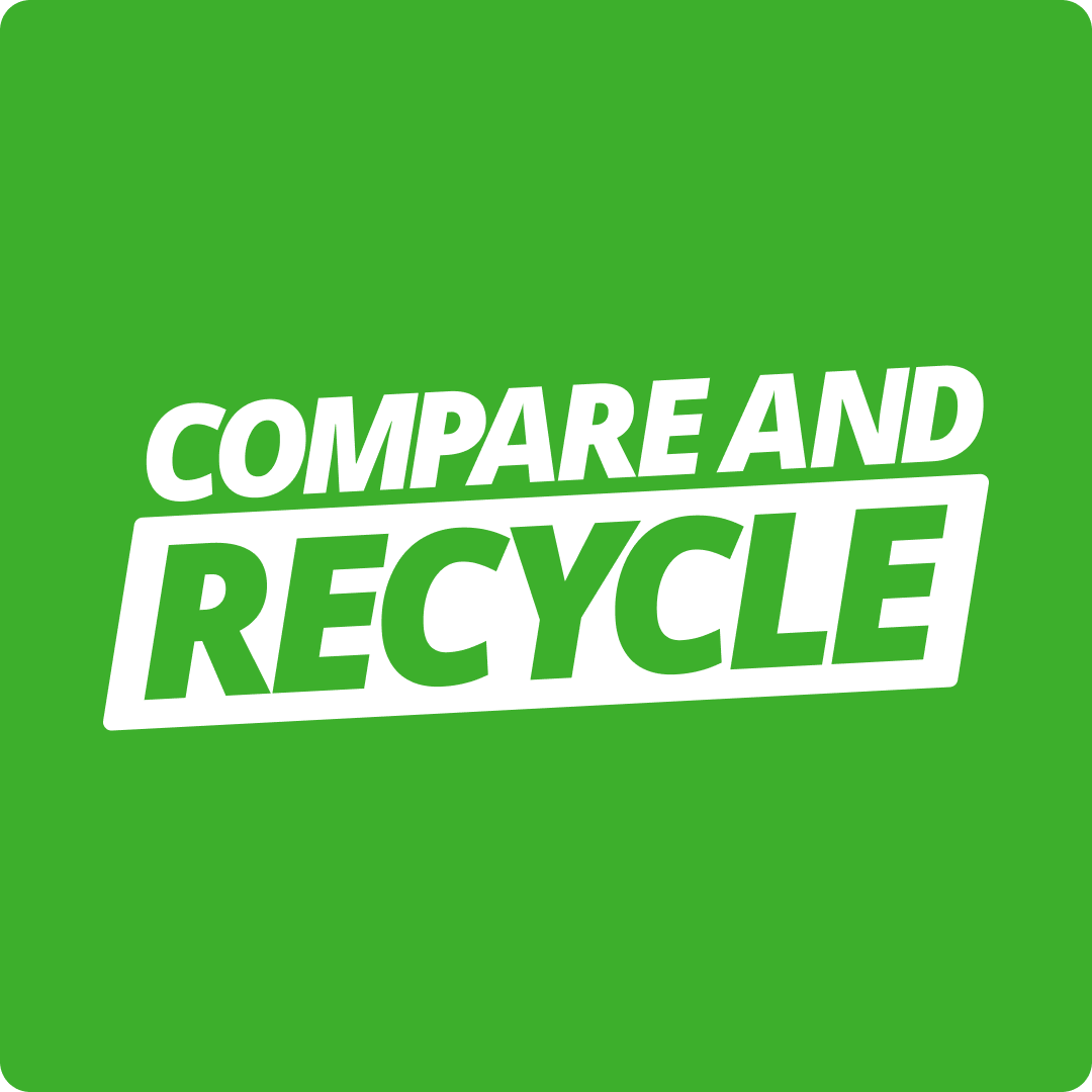 compare and recycle logo white on green background