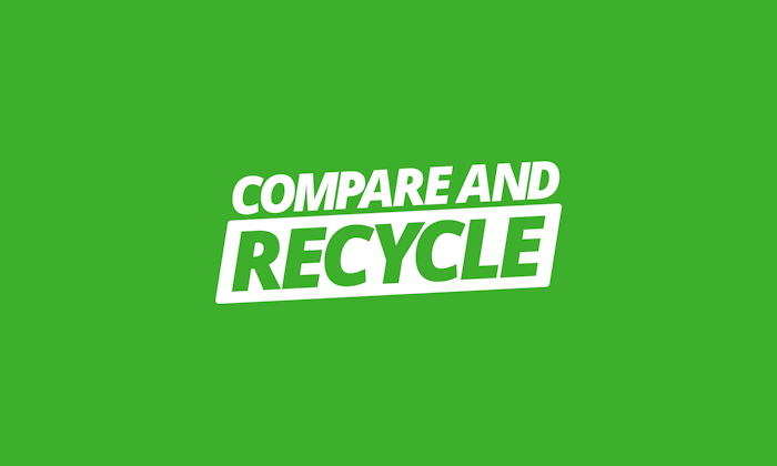 white compare and recycle logo on green background