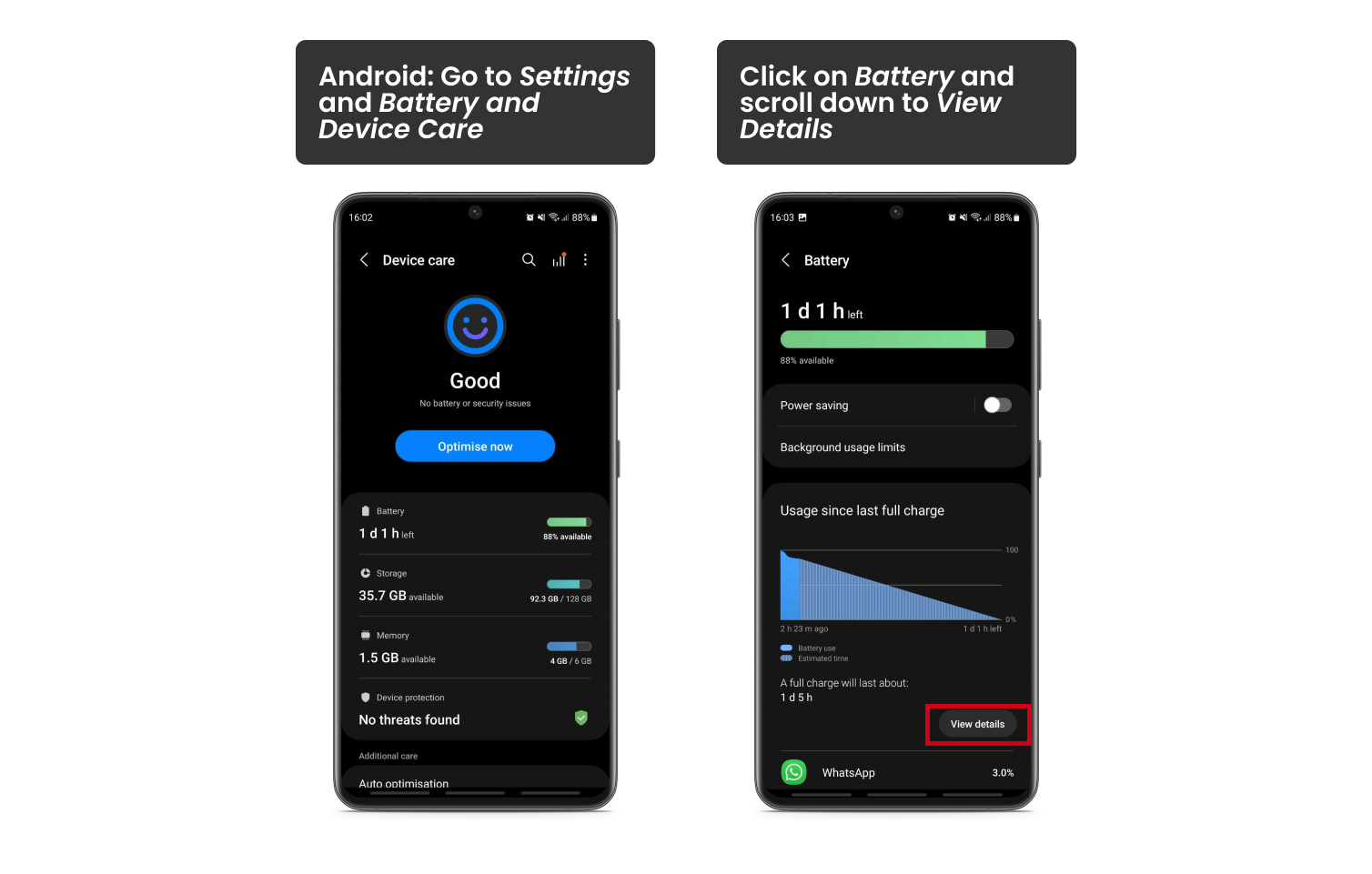 two phones with settings menu open with battery usage by app on an android phone