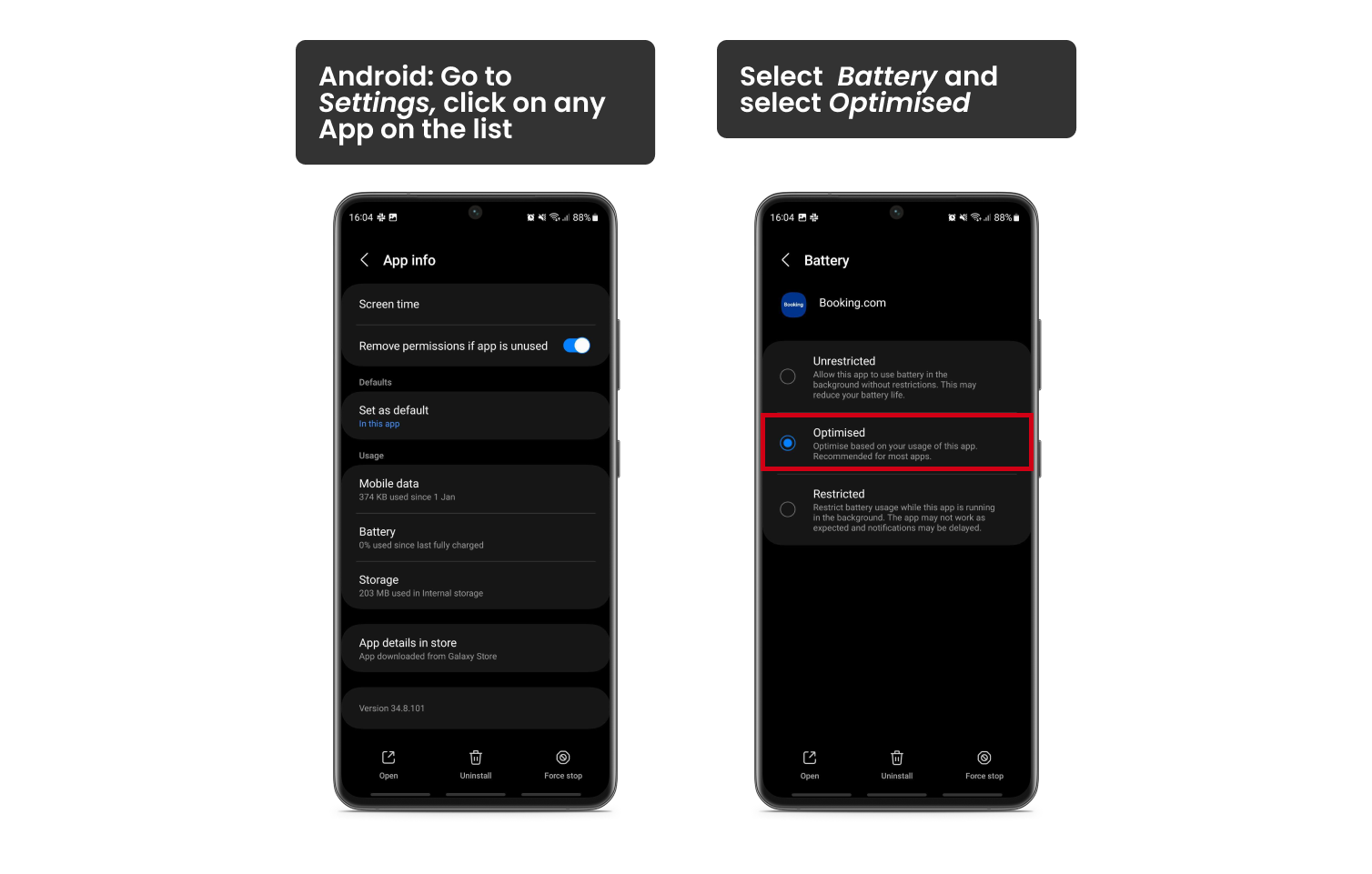 two mobile phones with app settings menu open to manage background refresh rate