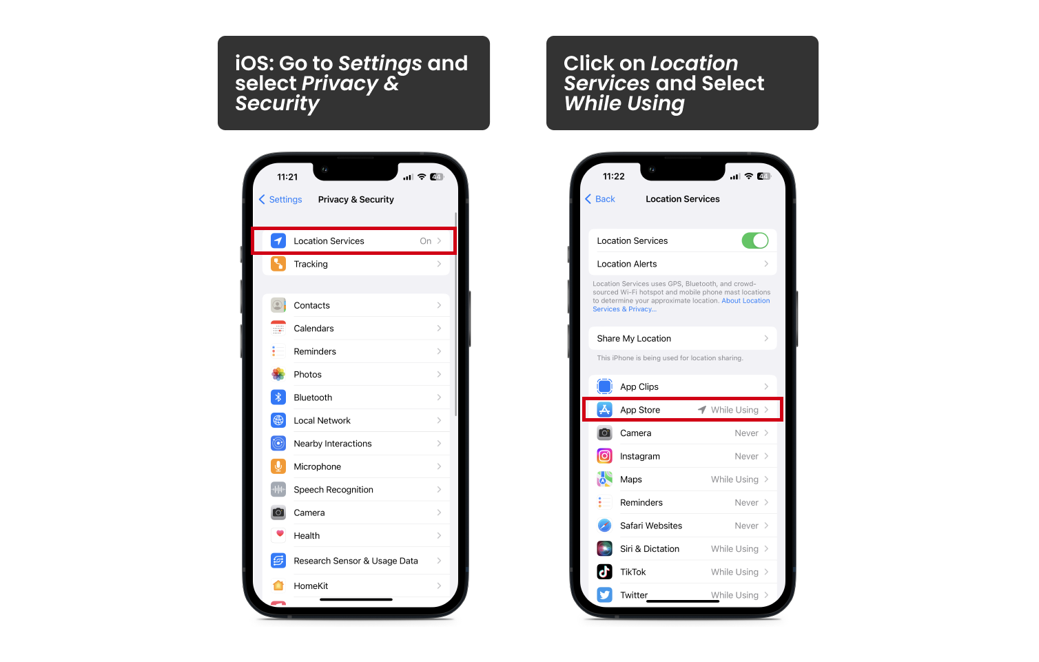 two mobile phones with open location settings to manage privacy
