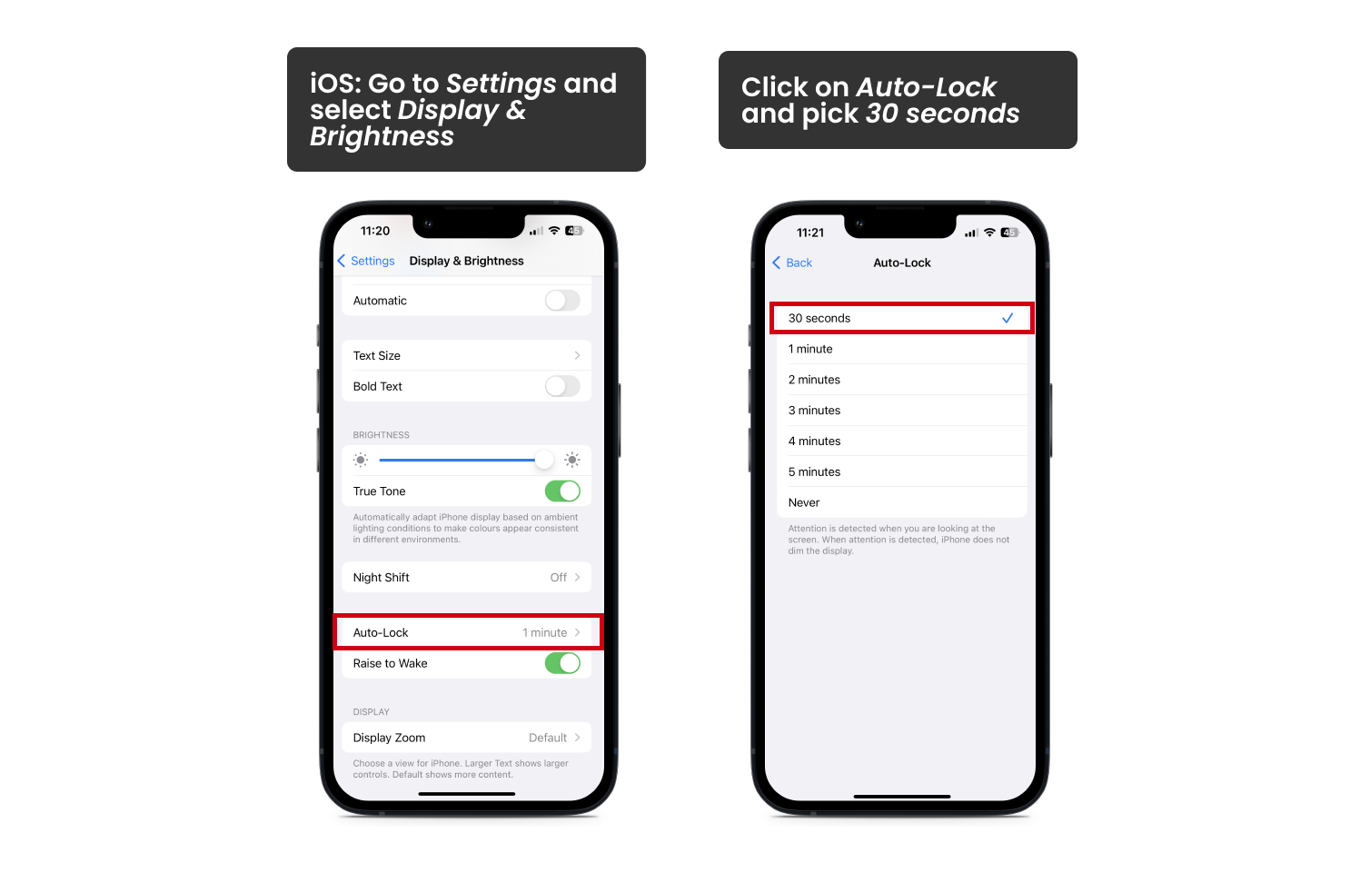 two phones with display brightness and screen timeout settings open