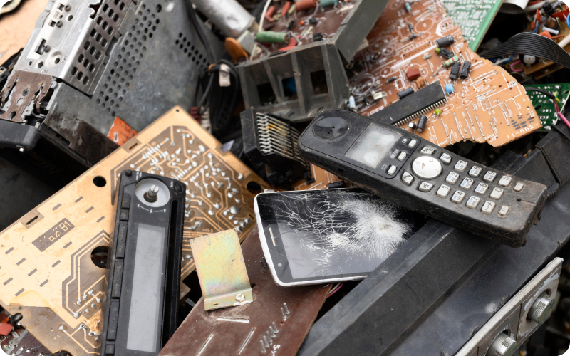 A pile of broken e-waste including old phones, computers and car radios