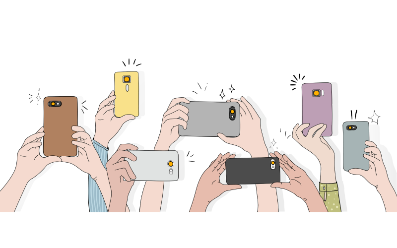 7 camera phones being held up for pictures