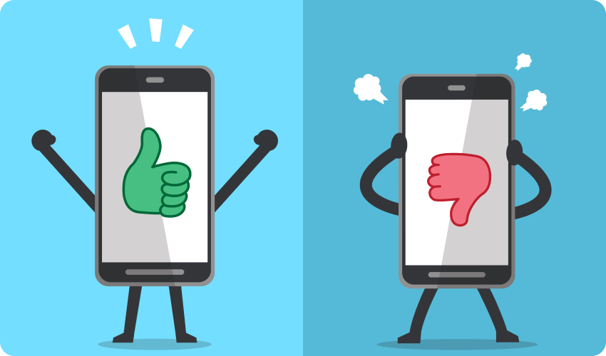 Image of two mobile phones with thumbs up and down symbols on the screens