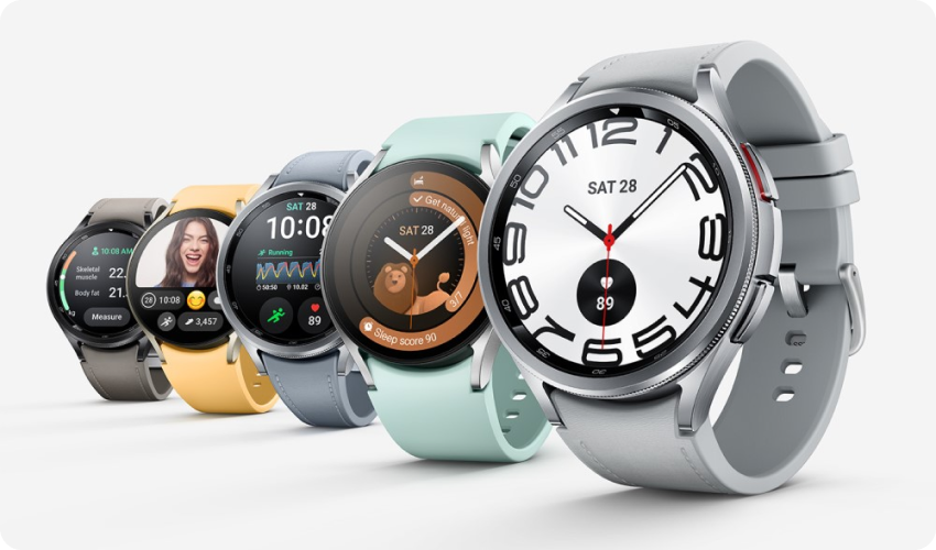 Image of a selection of five Samsung Watch6's in different colours