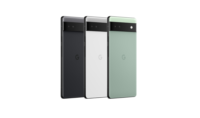 Three different colours of the Google Pixel 6a