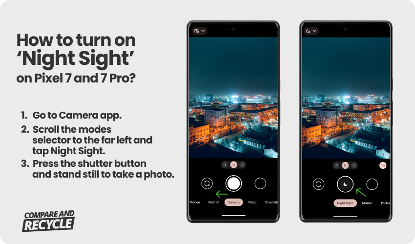 an image of Google mobile phone with instructions how to turn on night sight feature in camera settings