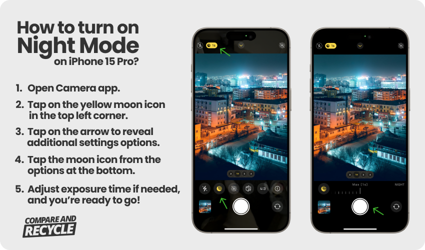 an image of an iPhone with instructions how to turn night mode in camera settings