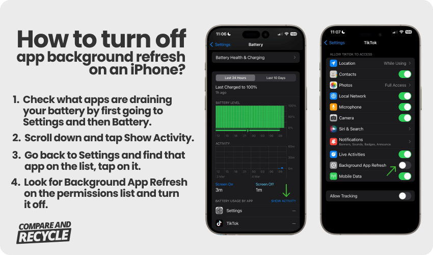 two iphone screens with settings and battery menus open