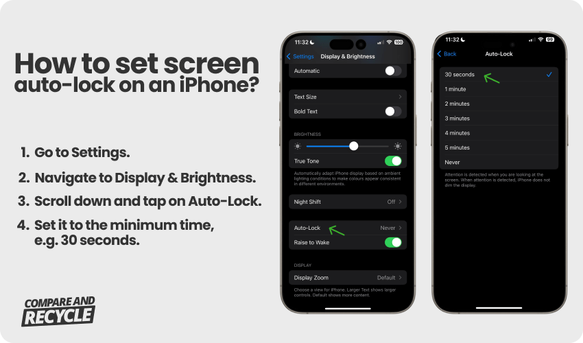 two iphone screens with display settings menus open