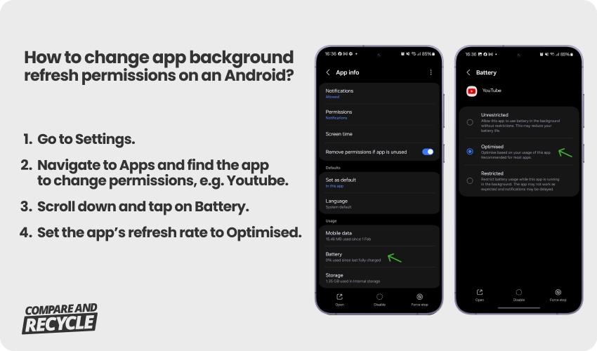 two mobile phone screens with app settings menus open