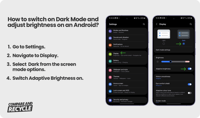 two mobile phone screens with display settings open