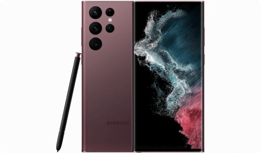 A burgundy Samsung Galaxy S22 Ultra