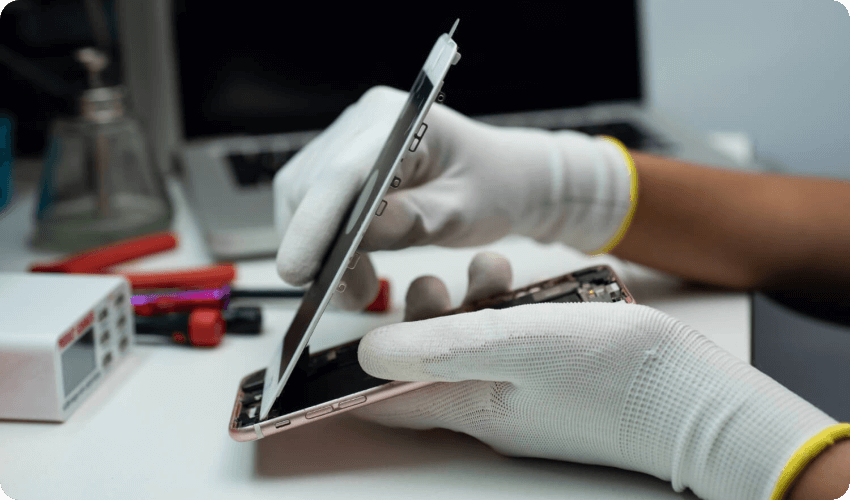 A technician repairing a mobile phone