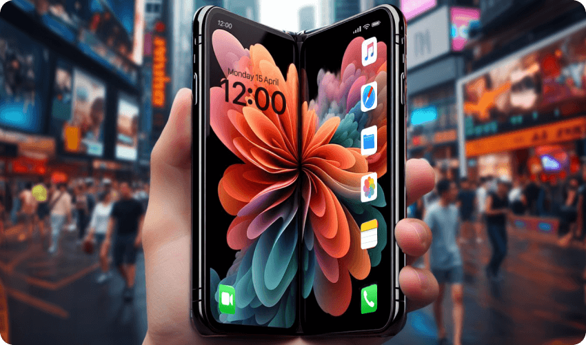 a foldable iphone in hand with busy city in the background
