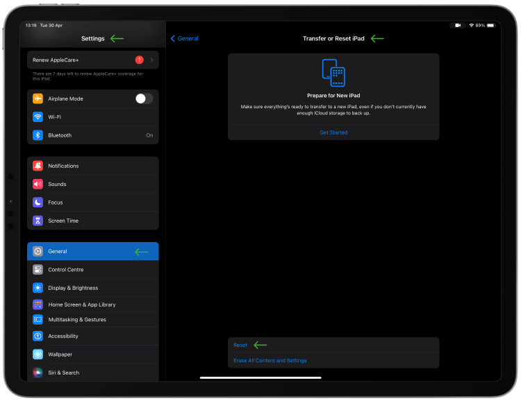 ipad with factory reset screen