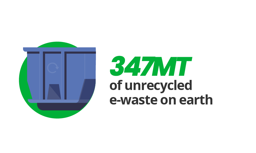 Blue recycling container accompanied by text